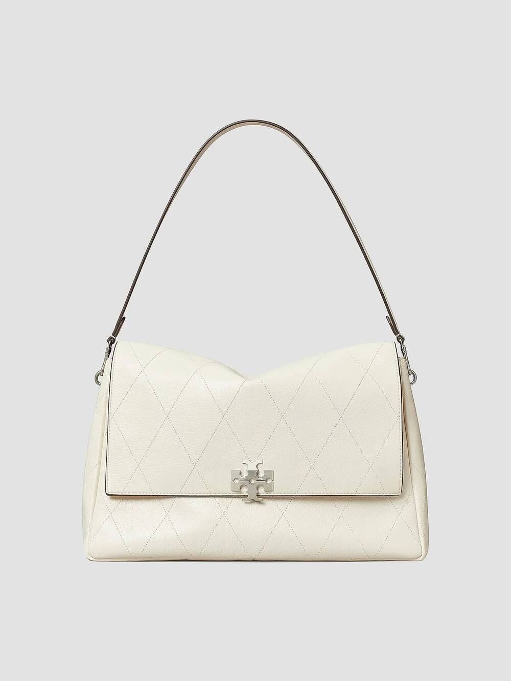 NEW TORY BURCH charlie quilted large shoulder bag in light cream
